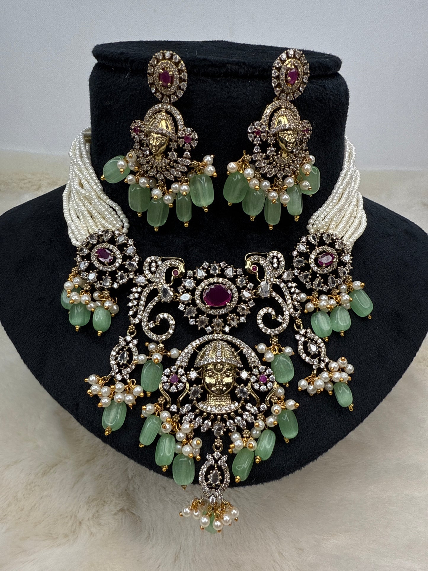 Perumal with ruby embedded - apple green beads necklace 3535