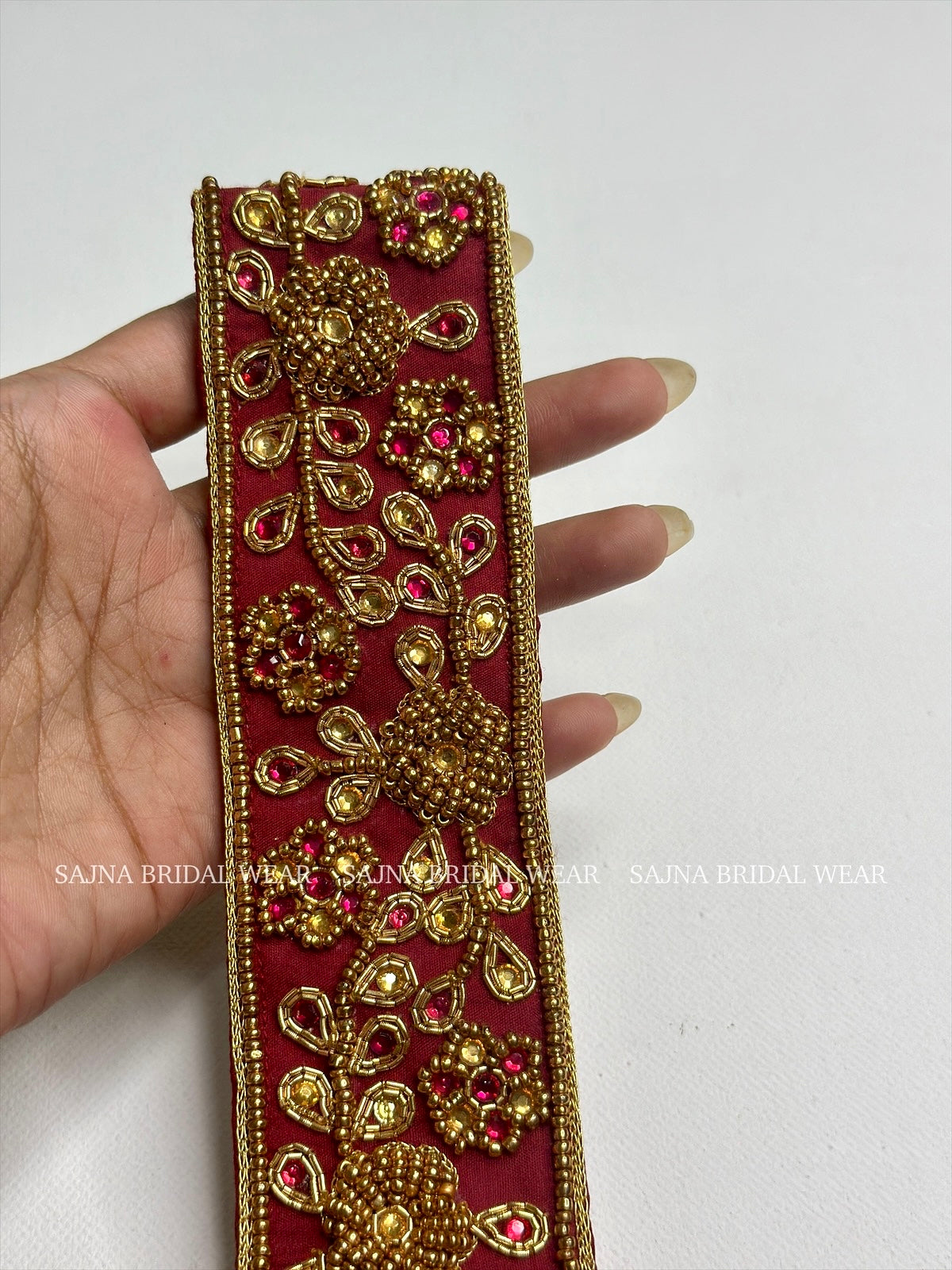 Maroon with gold embroidered waist belt