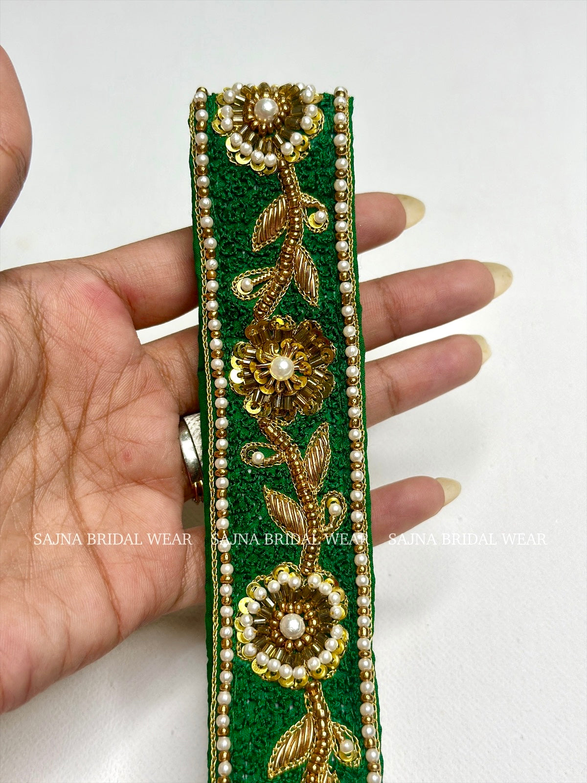 Green with pearl embroidery waist belt