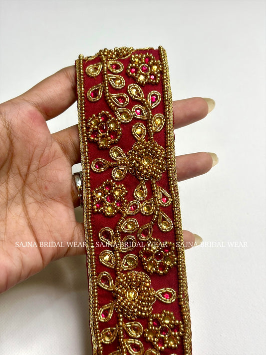 Maroon with gold embroidered waist belt