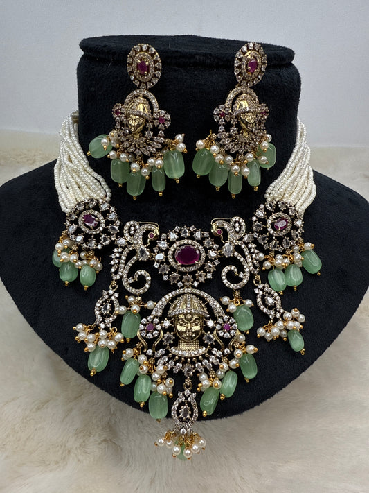 Perumal with ruby embedded - apple green beads necklace 3535