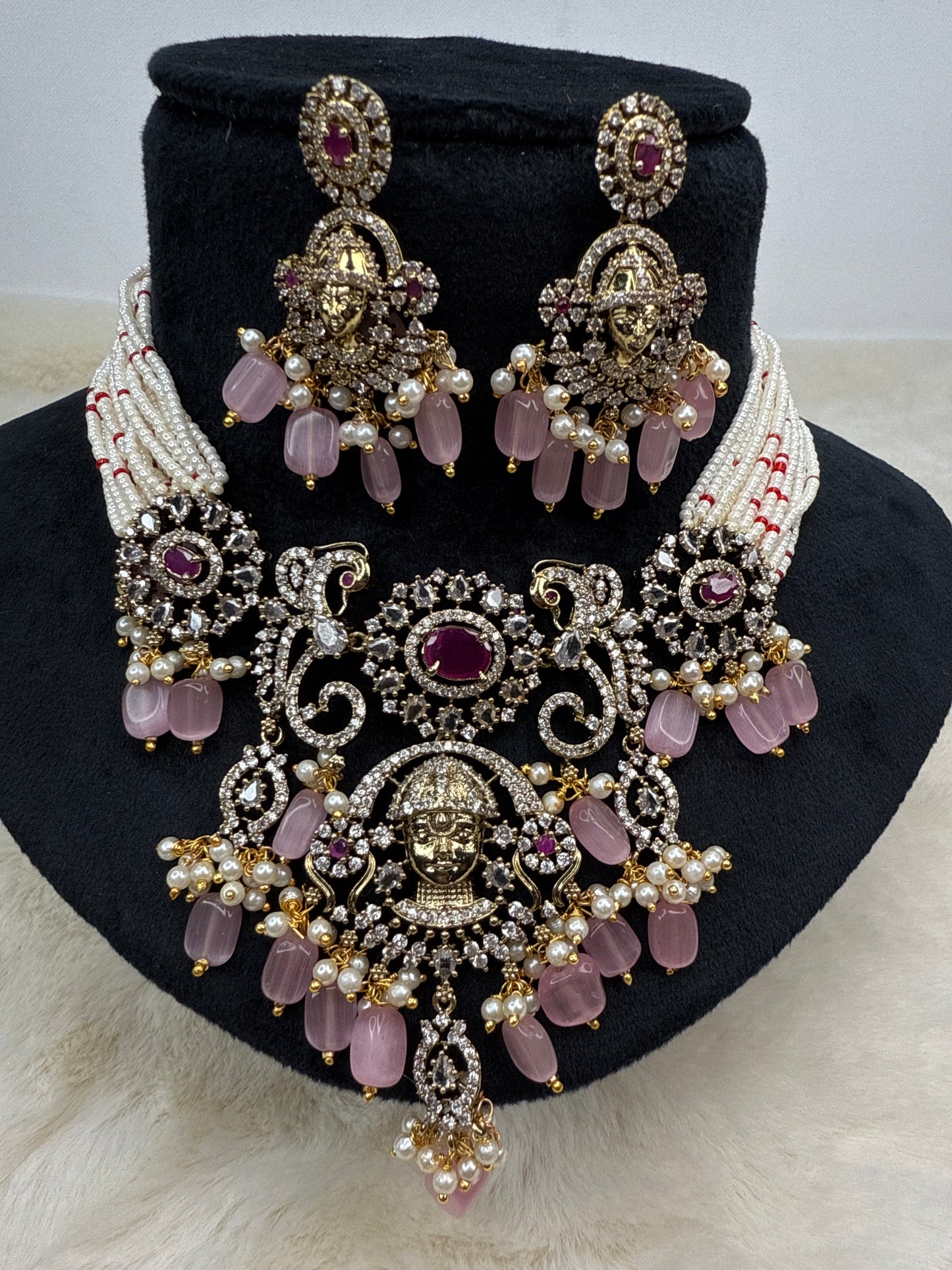 Perumal ruby embedded with baby pink beads necklace 3533