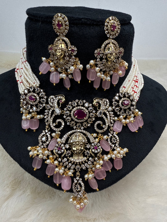 Perumal ruby embedded with baby pink beads necklace 3533