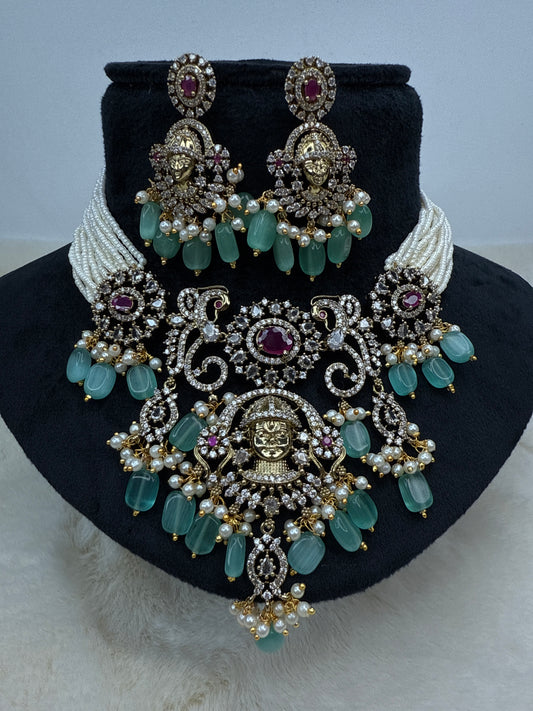 Perumal ruby embedded with turquoise beads necklace 3534